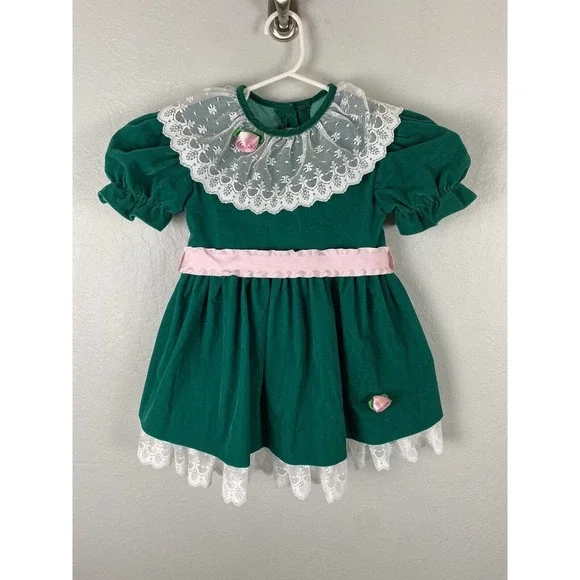 Velvet | Dresses | Jolene Jo Lene 4t Vintage Baby Girls Green Pink Velvet  Dress Lace Fancy Party | Poshmark